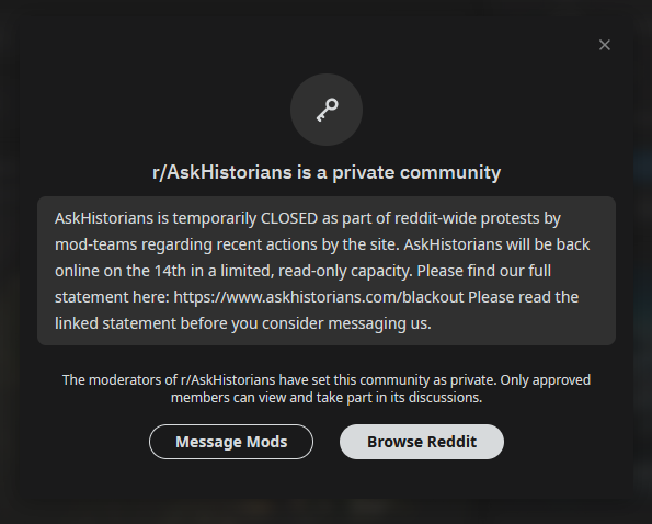 Screenshot von r/AskHistorians als das Subreddit privat war mit einem Link zum Statement bzgl der Reddit-API